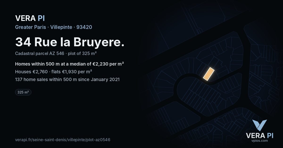 34 Rue la Bruyere, Villepinte at night – the plot lit, the parcels around coloured by the prices near them