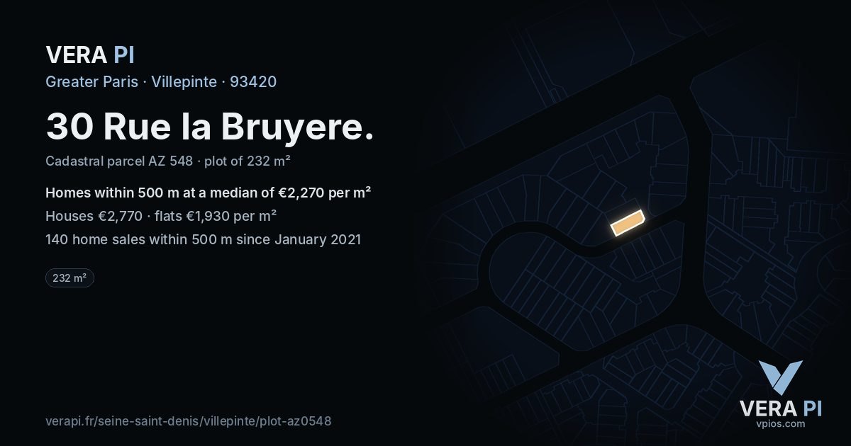30 Rue la Bruyere, Villepinte at night – the plot lit, the parcels around coloured by the prices near them