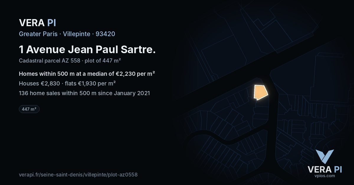 1 Avenue Jean Paul Sartre, Villepinte at night – the plot lit, the parcels around coloured by the prices near them