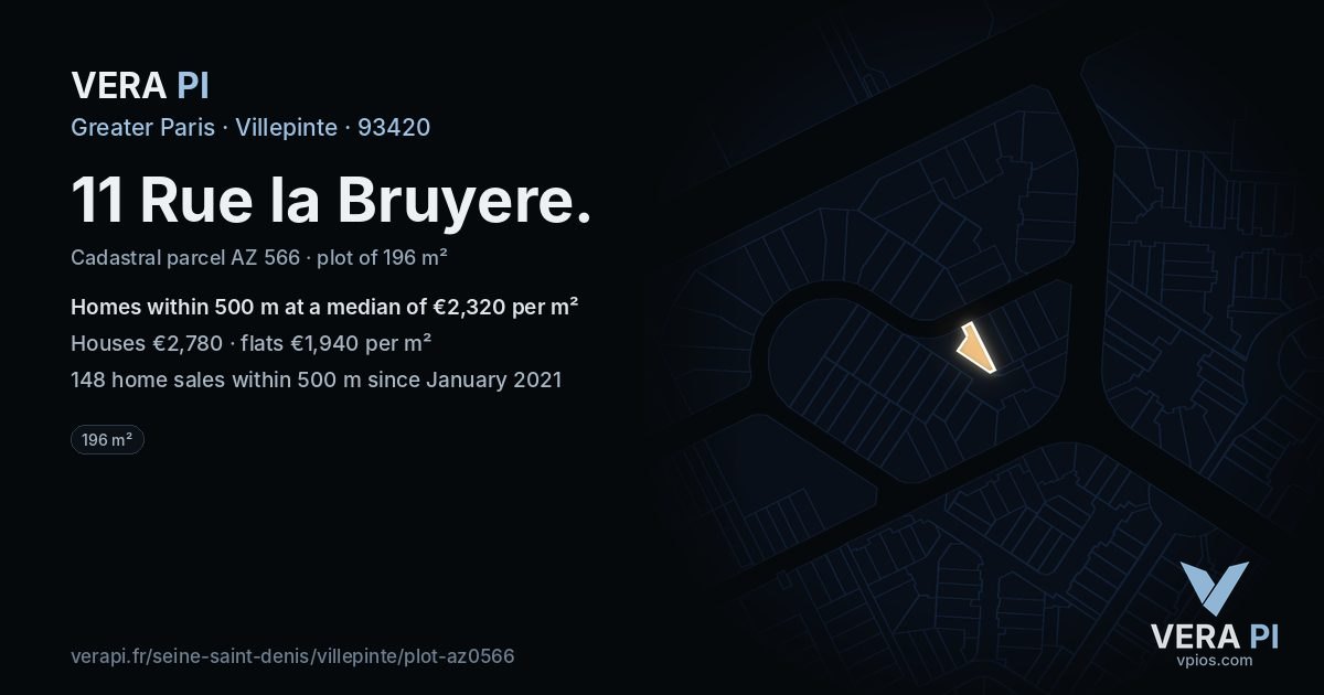 11 Rue la Bruyere, Villepinte at night – the plot lit, the parcels around coloured by the prices near them