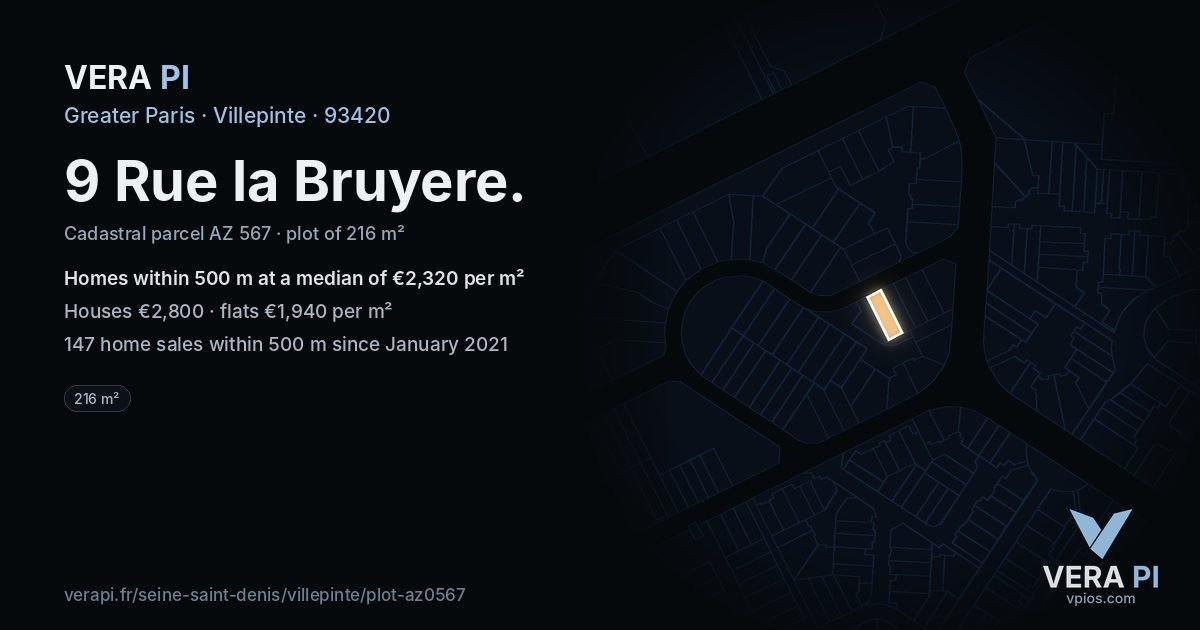 9 Rue la Bruyere, Villepinte at night – the plot lit, the parcels around coloured by the prices near them