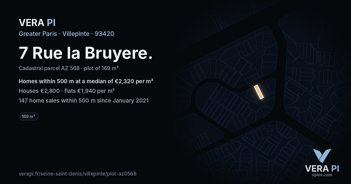 7 Rue la Bruyere, Villepinte at night – the plot lit, the parcels around coloured by the prices near them