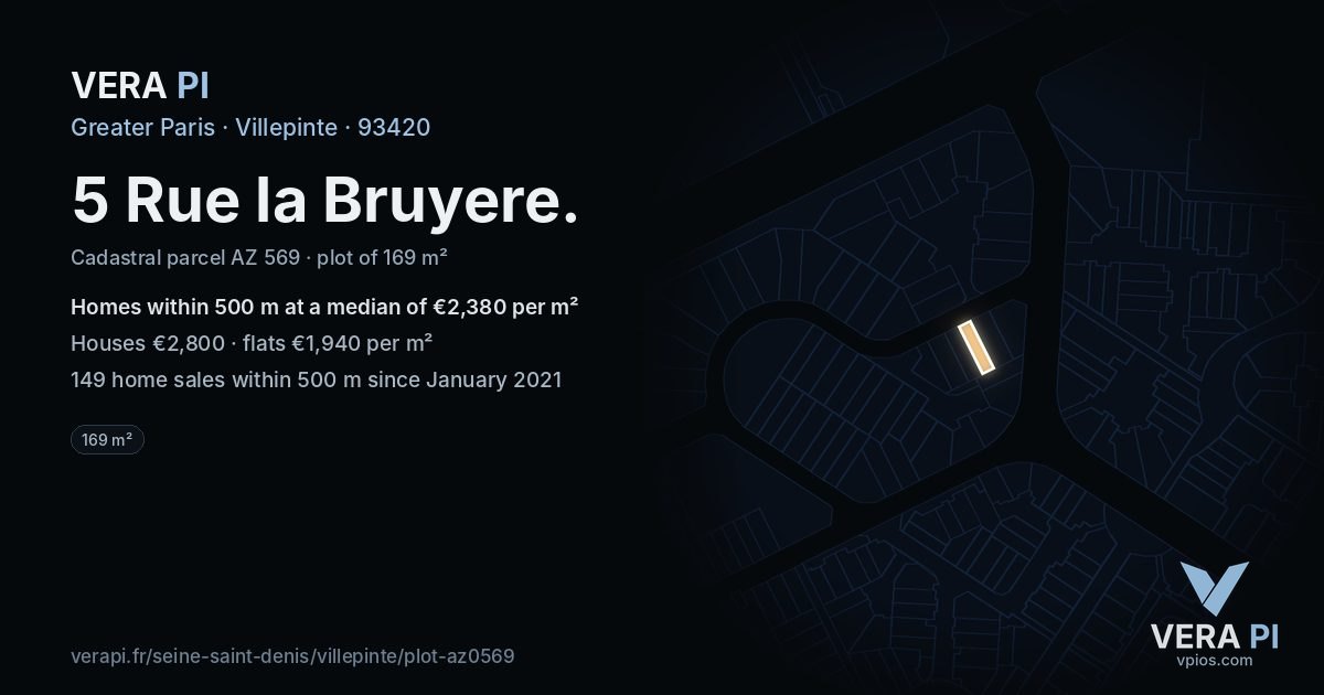 5 Rue la Bruyere, Villepinte at night – the plot lit, the parcels around coloured by the prices near them