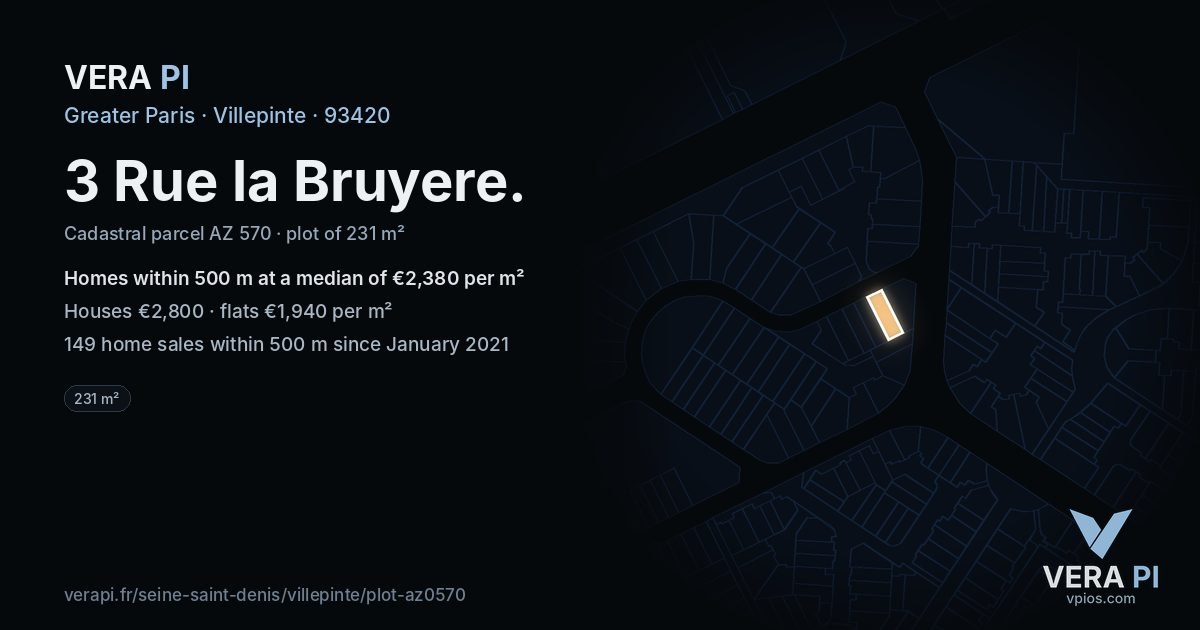 3 Rue la Bruyere, Villepinte at night – the plot lit, the parcels around coloured by the prices near them