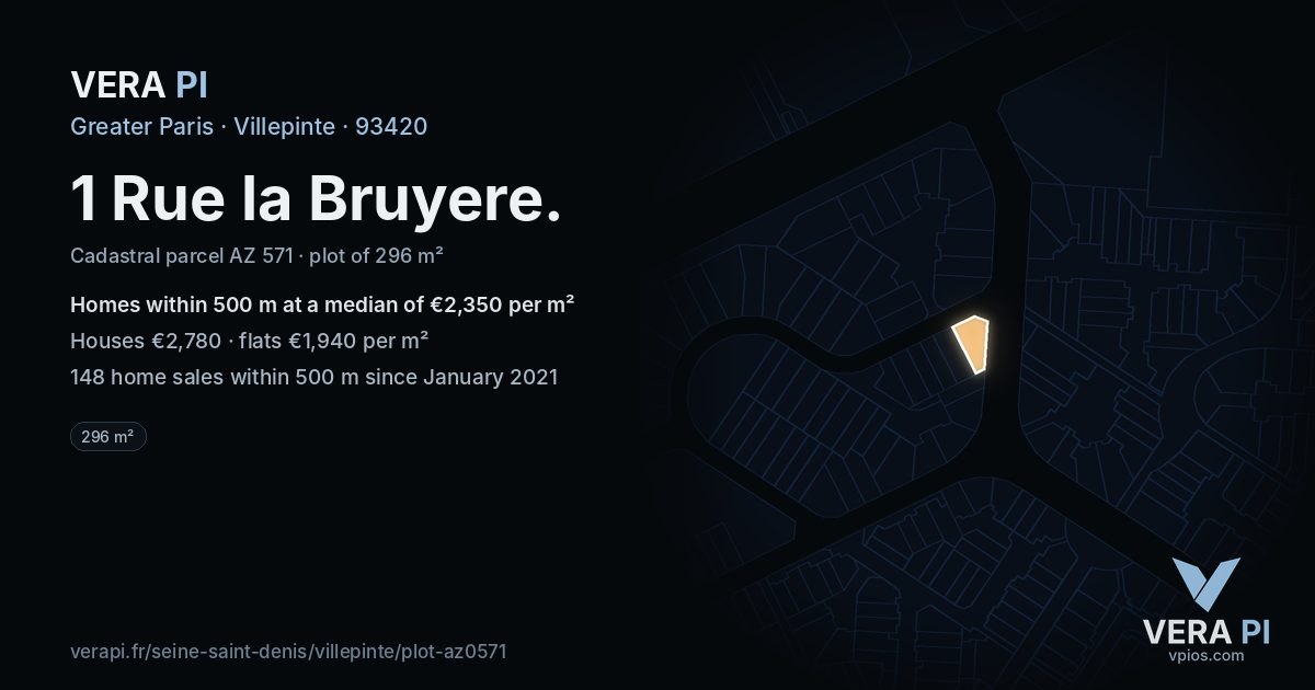 1 Rue la Bruyere, Villepinte at night – the plot lit, the parcels around coloured by the prices near them