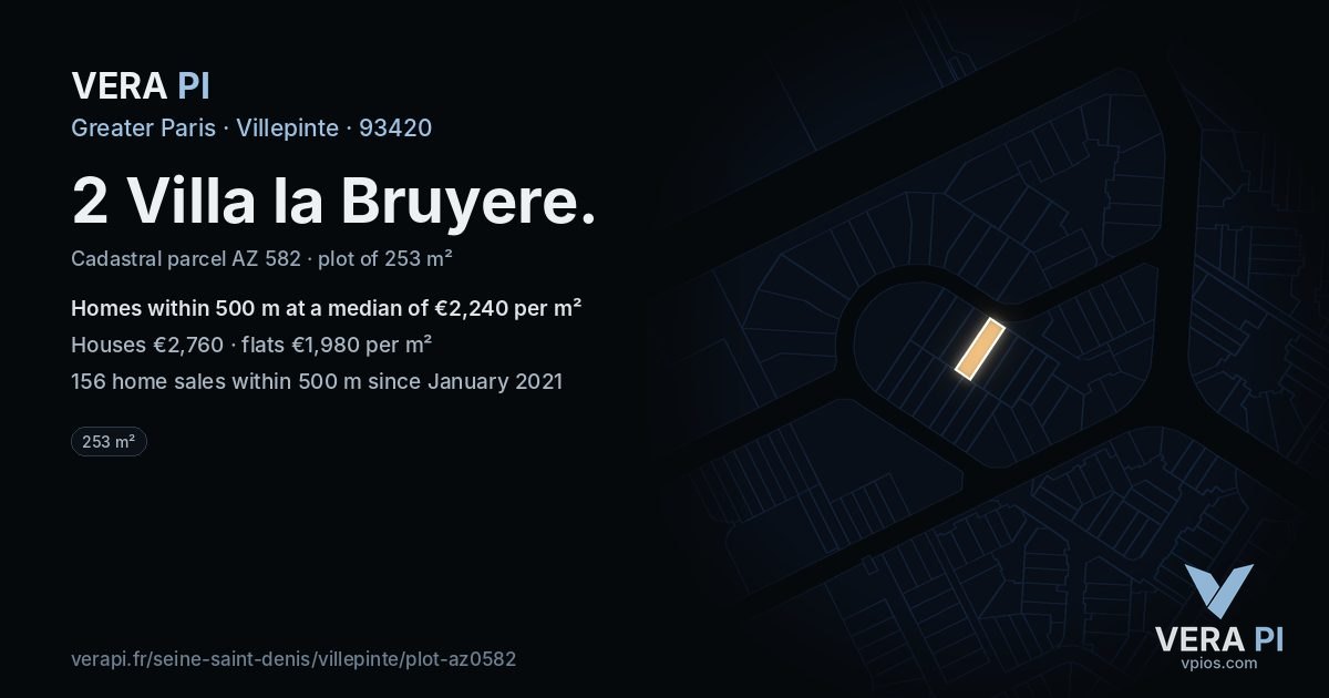 2 Villa la Bruyere, Villepinte at night – the plot lit, the parcels around coloured by the prices near them
