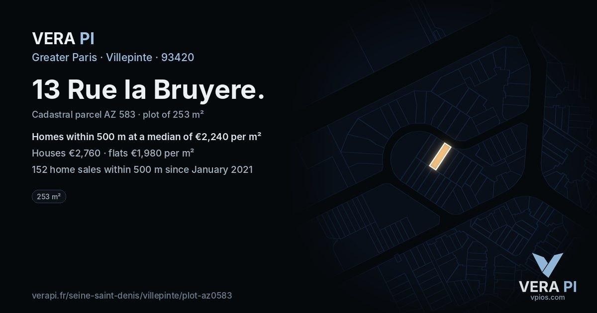 13 Rue la Bruyere, Villepinte at night – the plot lit, the parcels around coloured by the prices near them