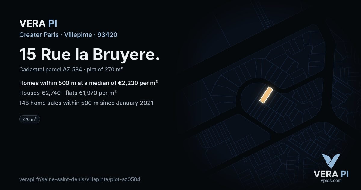 15 Rue la Bruyere, Villepinte at night – the plot lit, the parcels around coloured by the prices near them