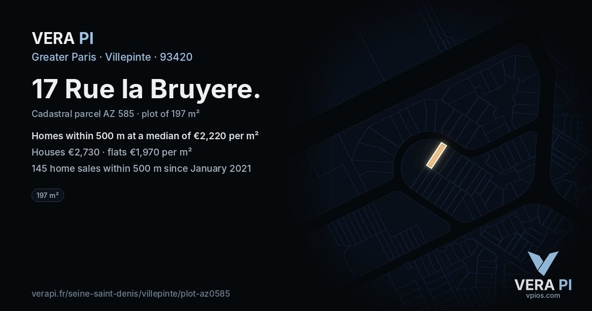 17 Rue la Bruyere, Villepinte at night – the plot lit, the parcels around coloured by the prices near them
