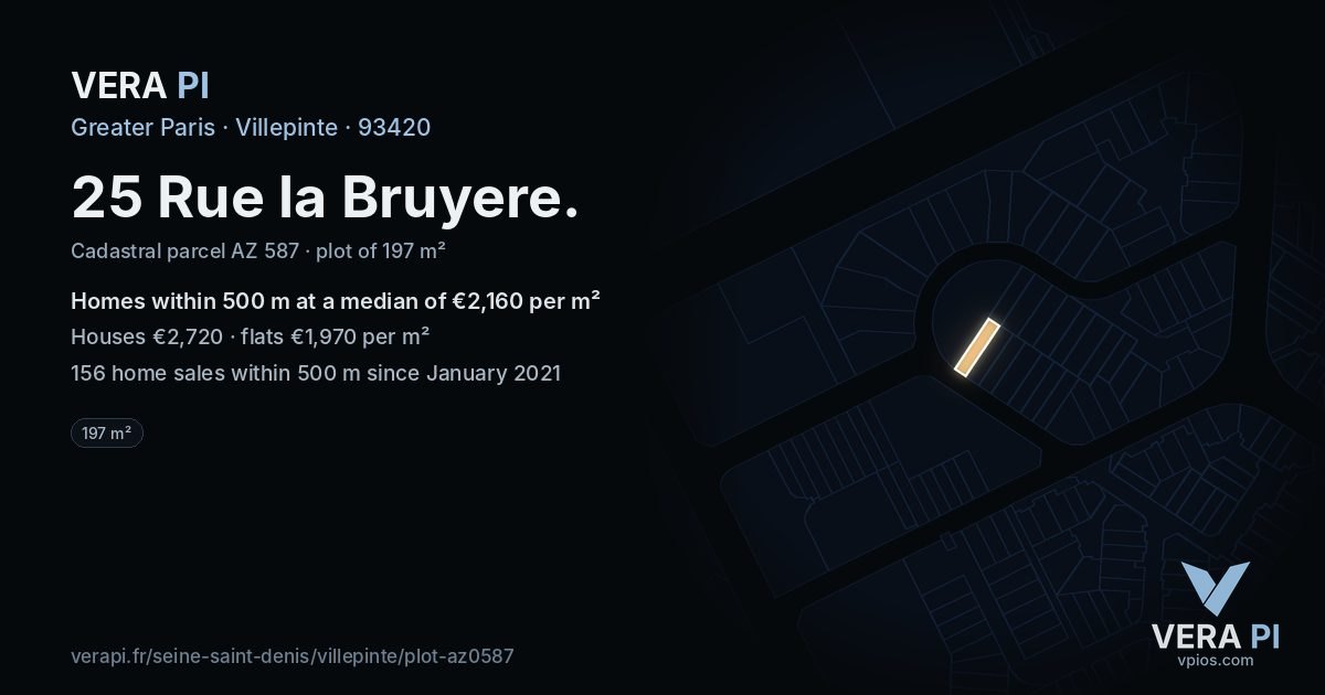 25 Rue la Bruyere, Villepinte at night – the plot lit, the parcels around coloured by the prices near them