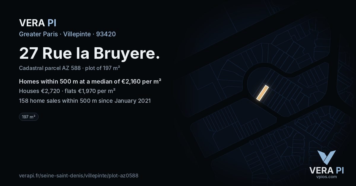 27 Rue la Bruyere, Villepinte at night – the plot lit, the parcels around coloured by the prices near them