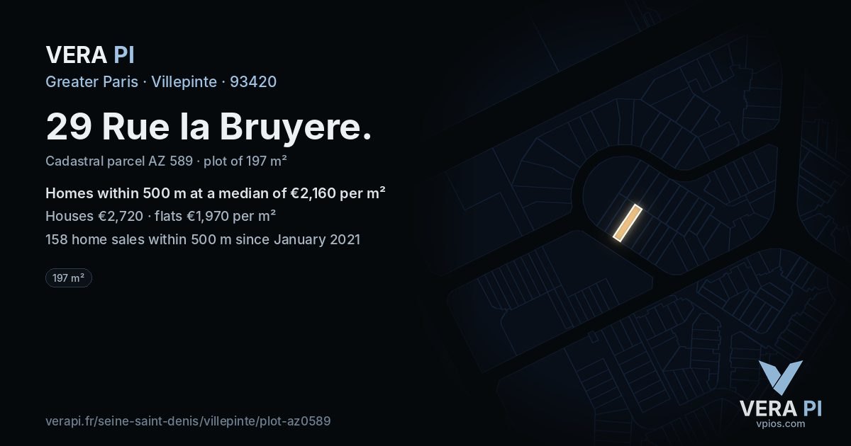 29 Rue la Bruyere, Villepinte at night – the plot lit, the parcels around coloured by the prices near them
