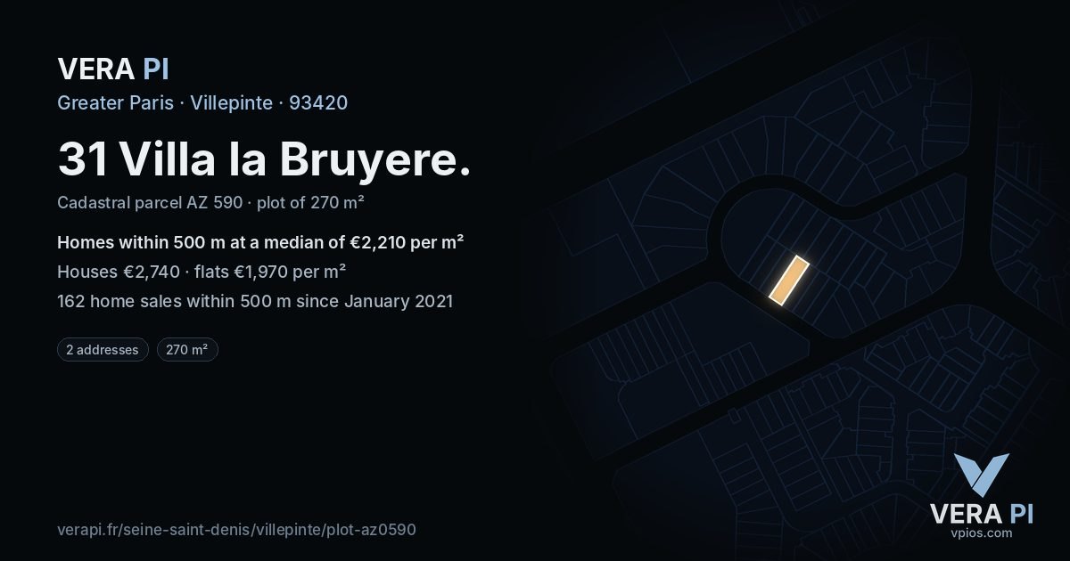31 Villa la Bruyere, Villepinte at night – the plot lit, the parcels around coloured by the prices near them