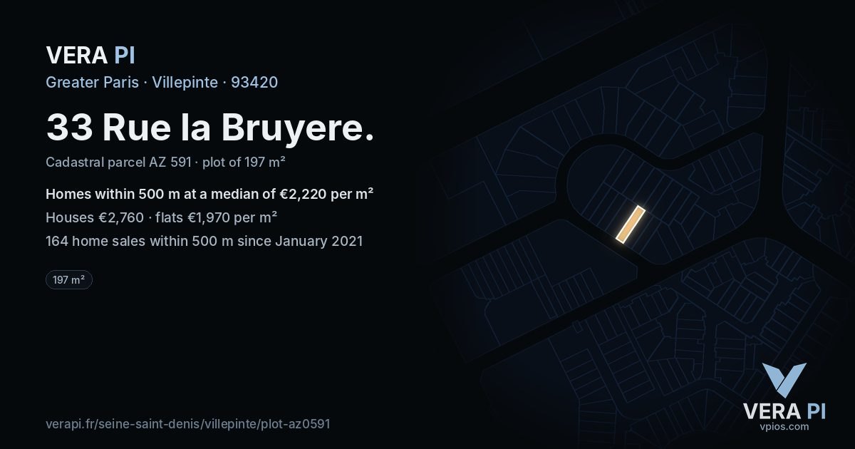 33 Rue la Bruyere, Villepinte at night – the plot lit, the parcels around coloured by the prices near them