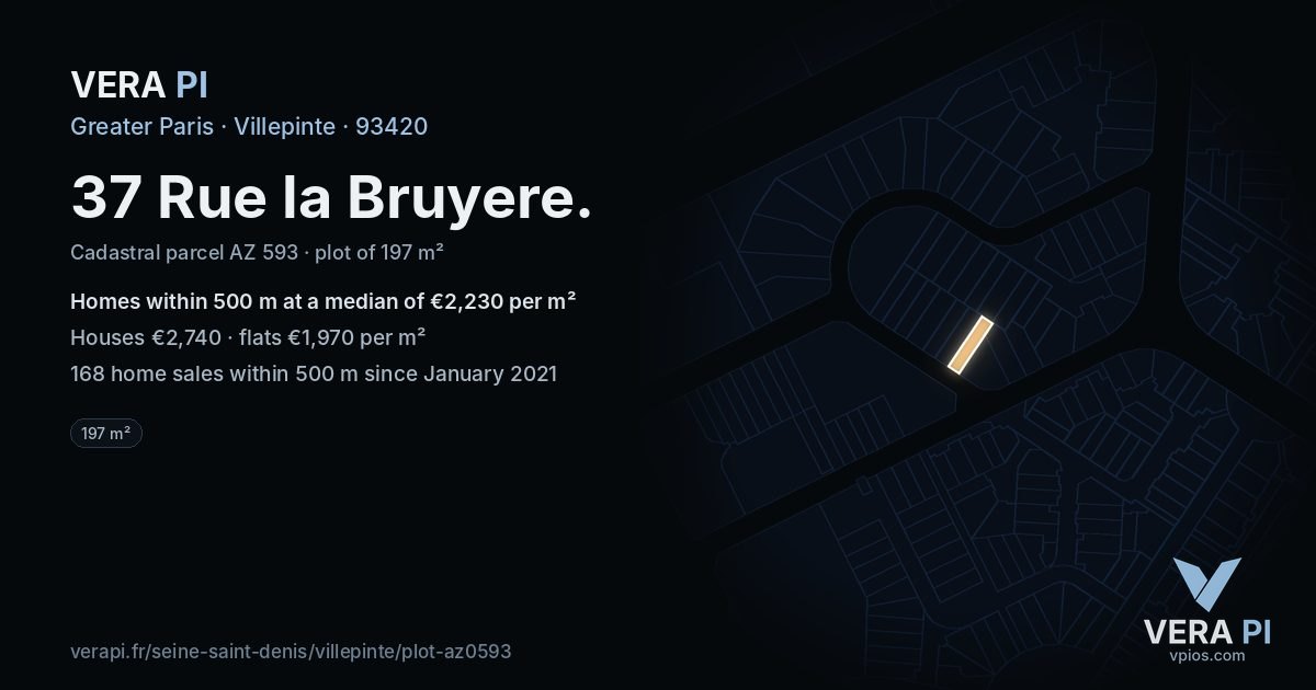 37 Rue la Bruyere, Villepinte at night – the plot lit, the parcels around coloured by the prices near them