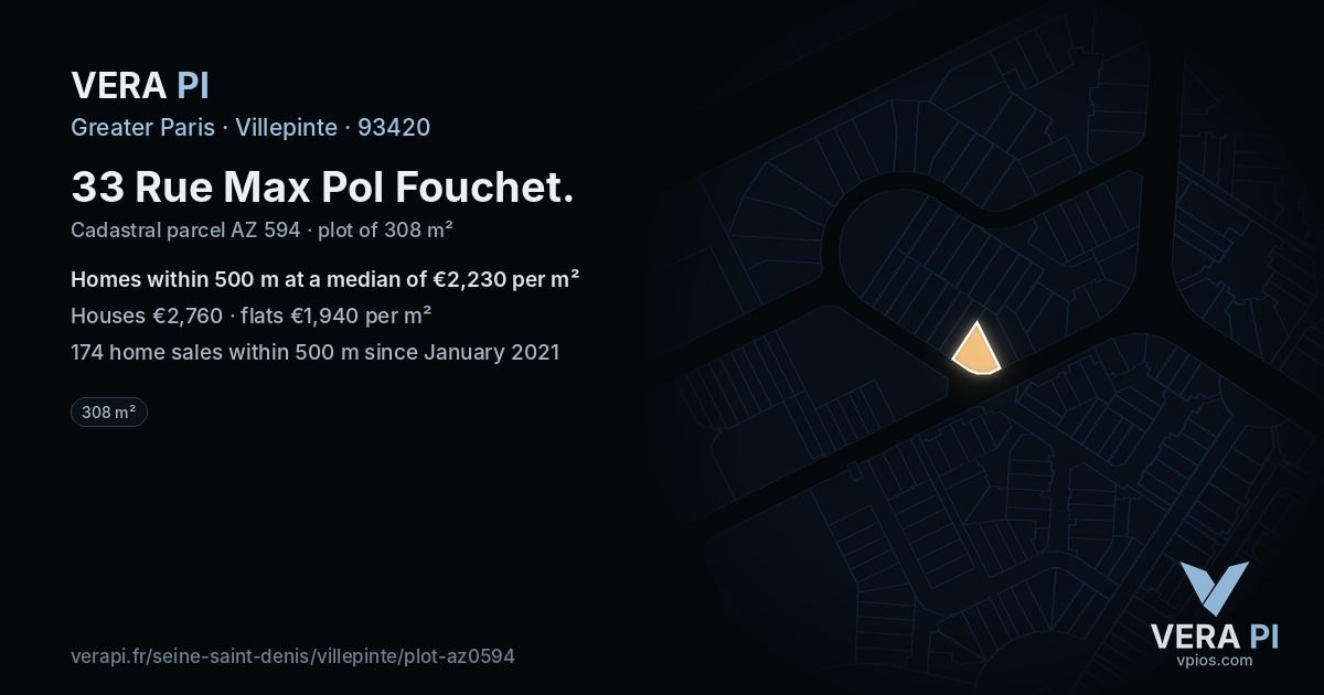 33 Rue Max Pol Fouchet, Villepinte at night – the plot lit, the parcels around coloured by the prices near them