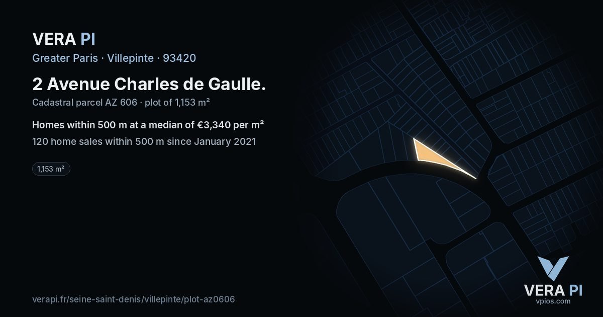 2 Avenue Charles de Gaulle, Villepinte at night – the plot lit, the parcels around coloured by the prices near them