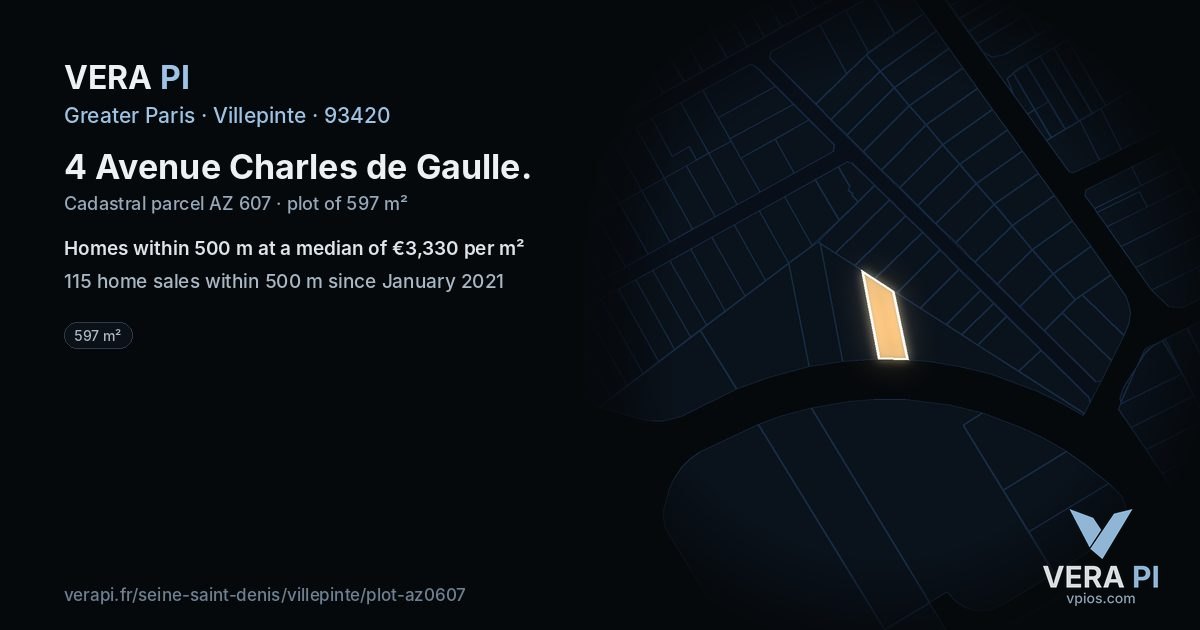 4 Avenue Charles de Gaulle, Villepinte at night – the plot lit, the parcels around coloured by the prices near them
