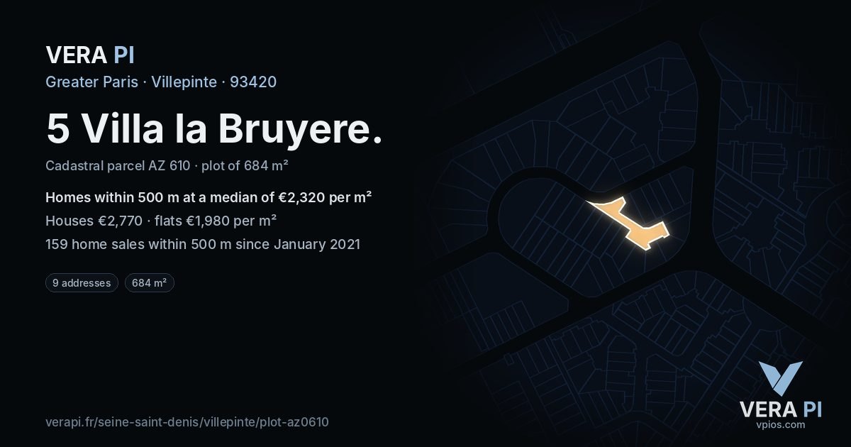 5 Villa la Bruyere, Villepinte at night – the plot lit, the parcels around coloured by the prices near them