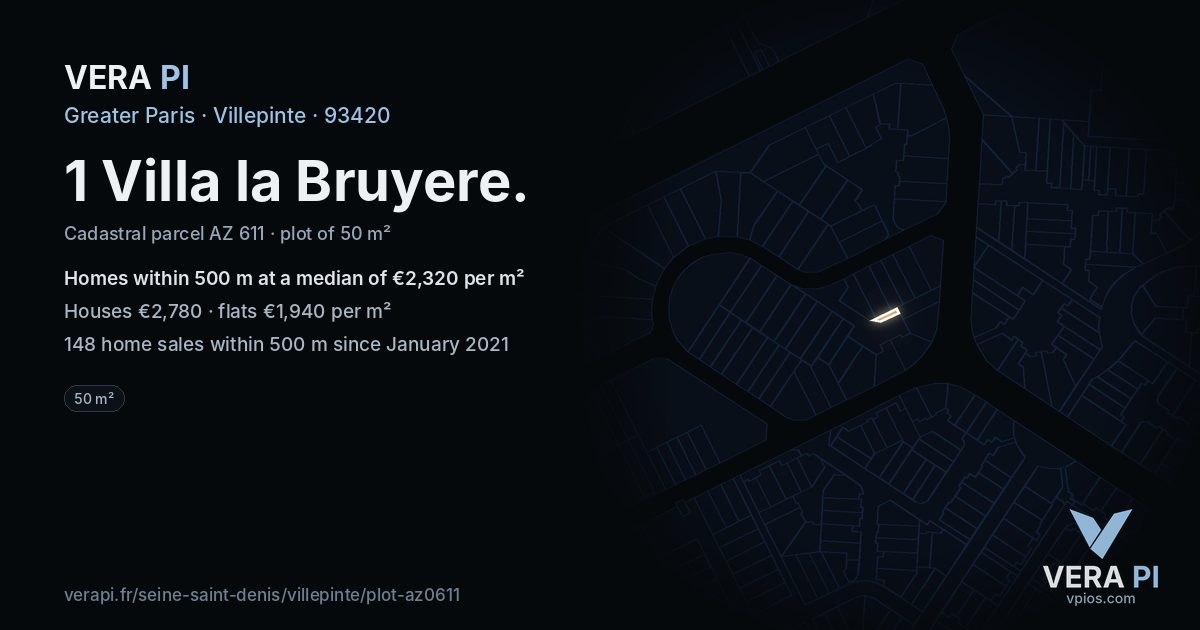 1 Villa la Bruyere, Villepinte at night – the plot lit, the parcels around coloured by the prices near them