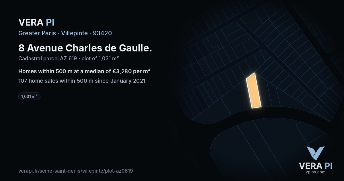 8 Avenue Charles de Gaulle, Villepinte at night – the plot lit, the parcels around coloured by the prices near them