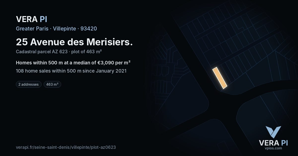 25 Avenue des Merisiers, Villepinte at night – the plot lit, the parcels around coloured by the prices near them
