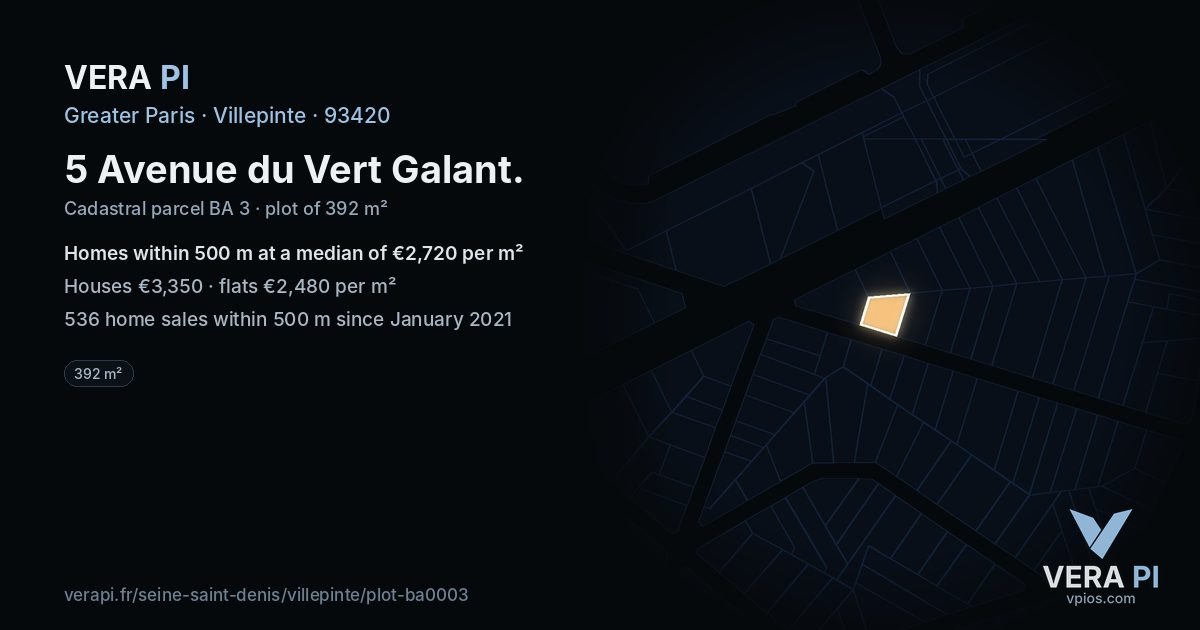 5 Avenue du Vert Galant, Villepinte at night – the plot lit, the parcels around coloured by the prices near them