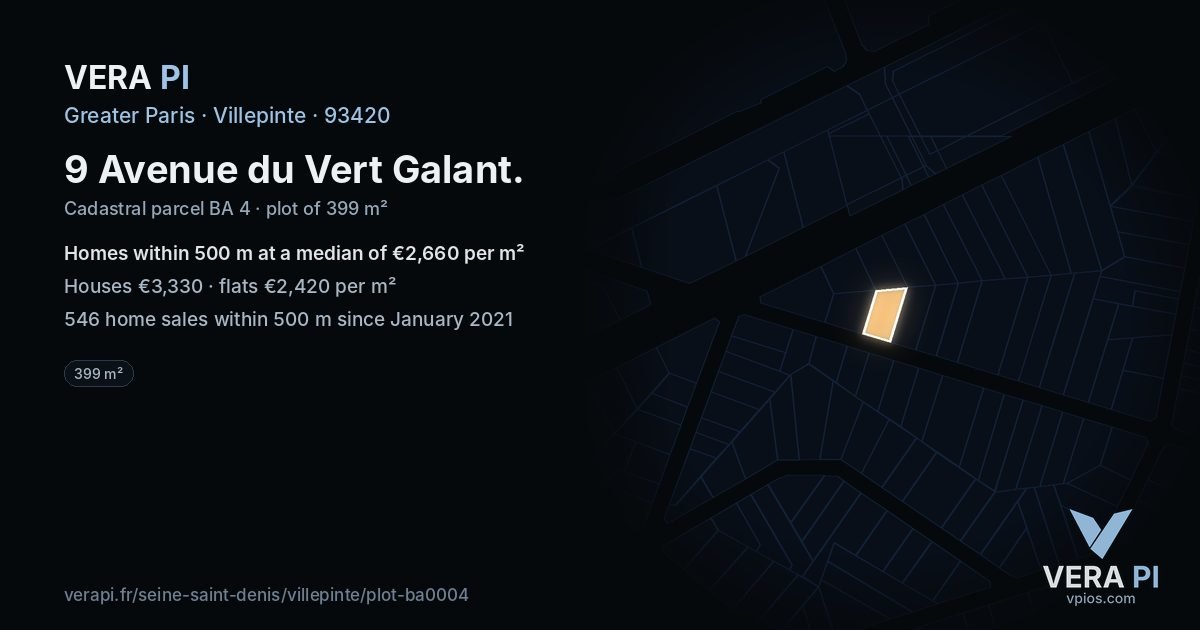 9 Avenue du Vert Galant, Villepinte at night – the plot lit, the parcels around coloured by the prices near them