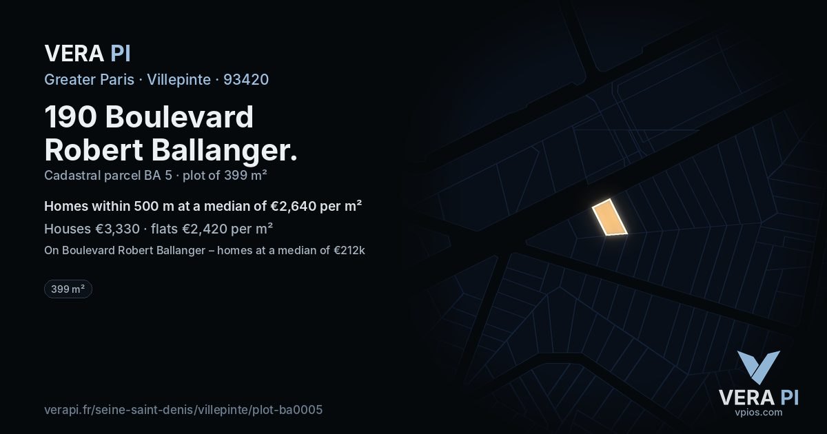 190 Boulevard Robert Ballanger, Villepinte at night – the plot lit, the parcels around coloured by the prices near them