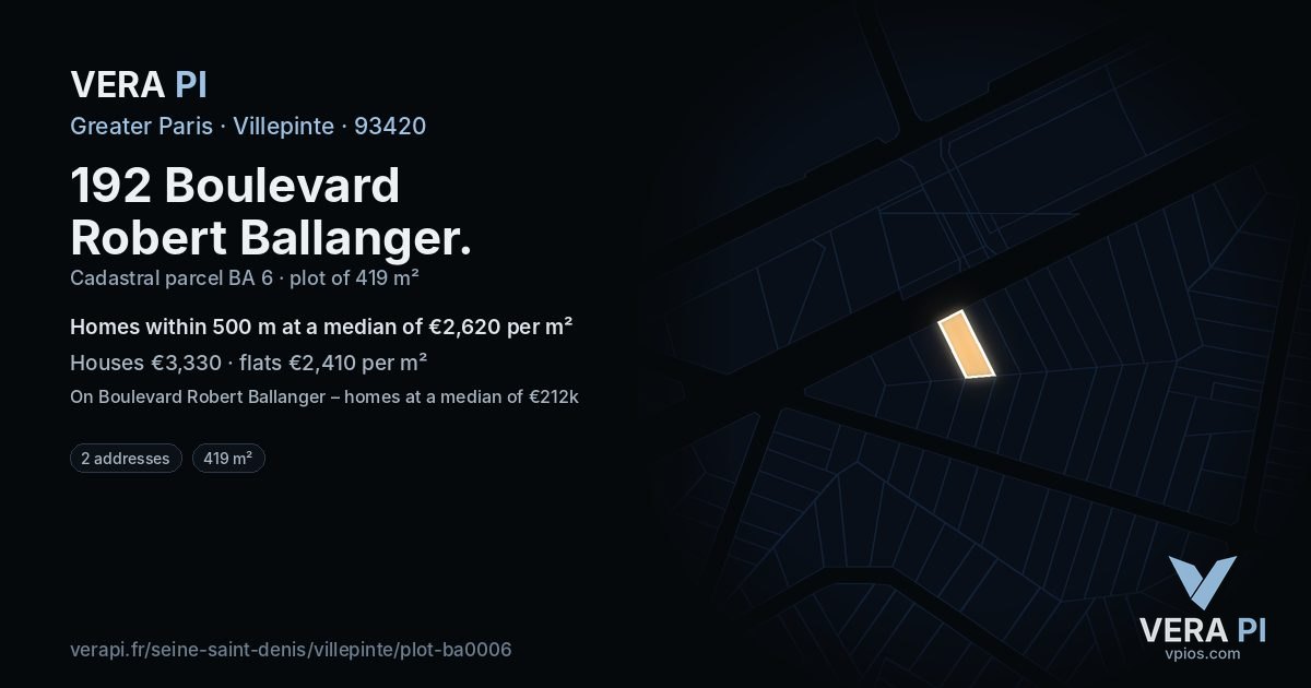 192 Boulevard Robert Ballanger, Villepinte at night – the plot lit, the parcels around coloured by the prices near them