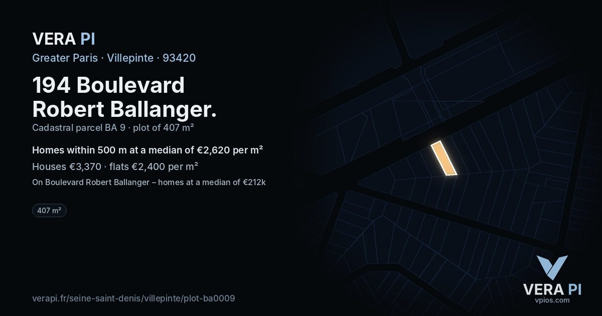 194 Boulevard Robert Ballanger, Villepinte at night – the plot lit, the parcels around coloured by the prices near them
