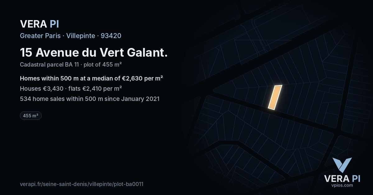 15 Avenue du Vert Galant, Villepinte at night – the plot lit, the parcels around coloured by the prices near them