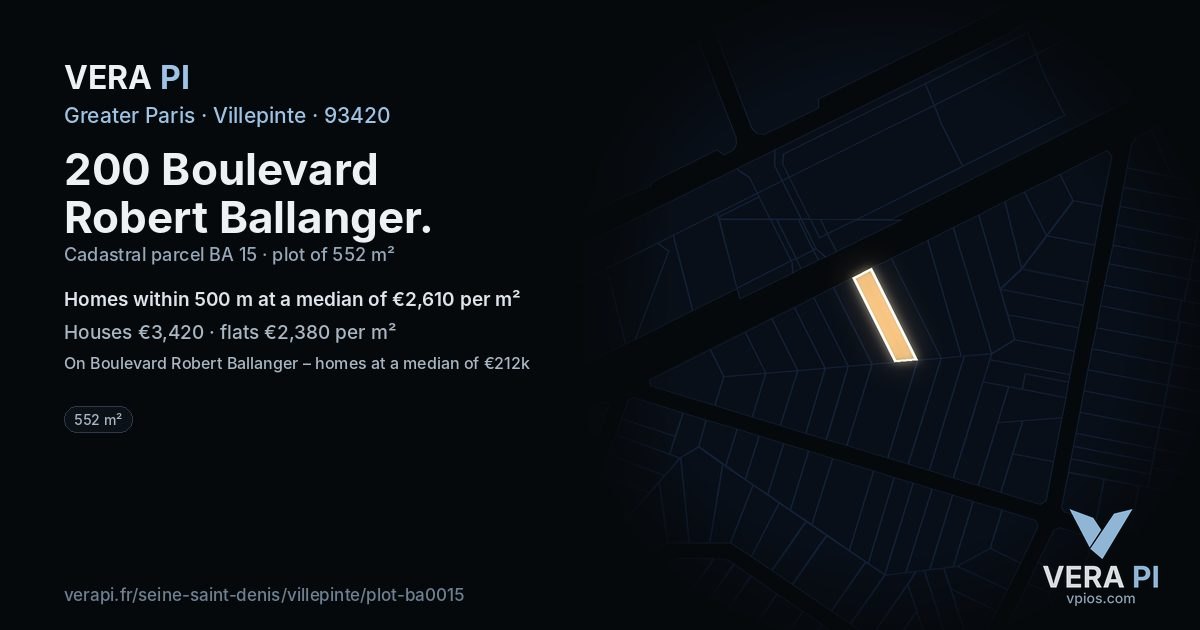 200 Boulevard Robert Ballanger, Villepinte at night – the plot lit, the parcels around coloured by the prices near them