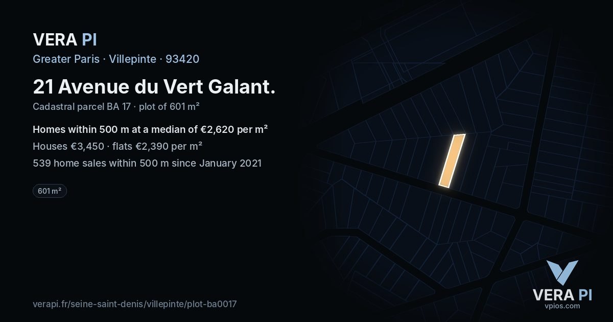 21 Avenue du Vert Galant, Villepinte at night – the plot lit, the parcels around coloured by the prices near them