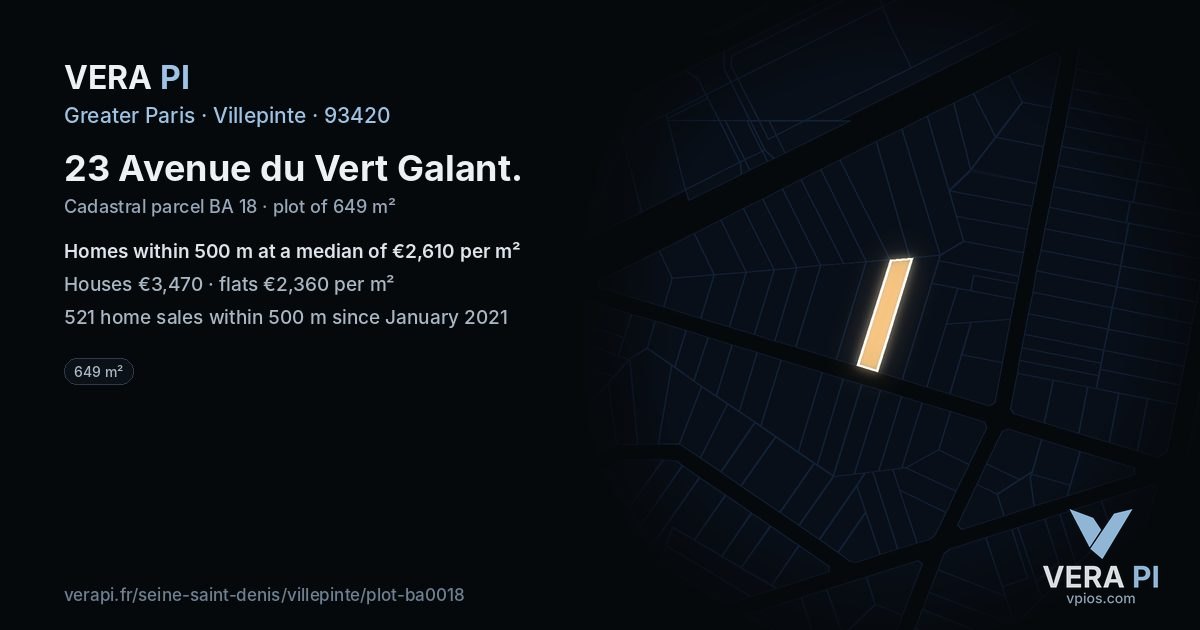 23 Avenue du Vert Galant, Villepinte at night – the plot lit, the parcels around coloured by the prices near them