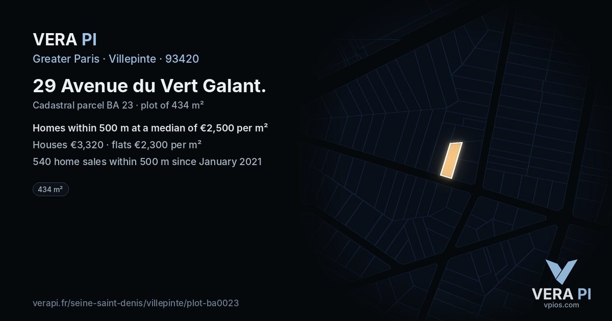 29 Avenue du Vert Galant, Villepinte at night – the plot lit, the parcels around coloured by the prices near them