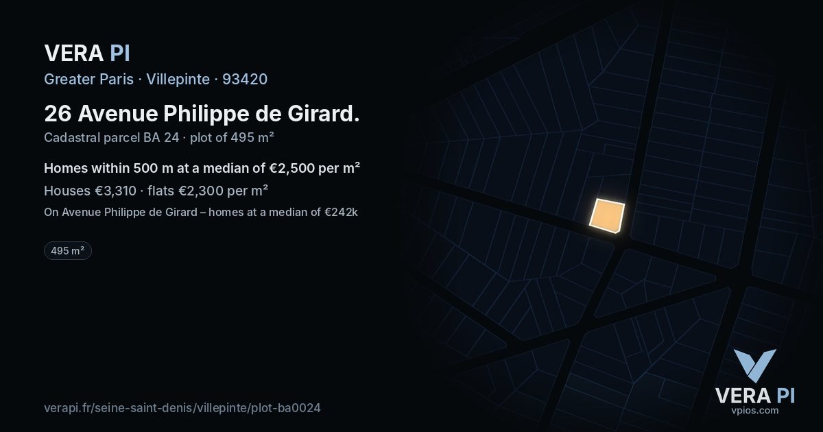 26 Avenue Philippe de Girard, Villepinte at night – the plot lit, the parcels around coloured by the prices near them