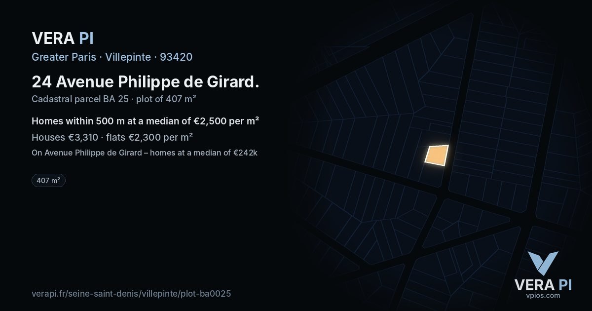 24 Avenue Philippe de Girard, Villepinte at night – the plot lit, the parcels around coloured by the prices near them