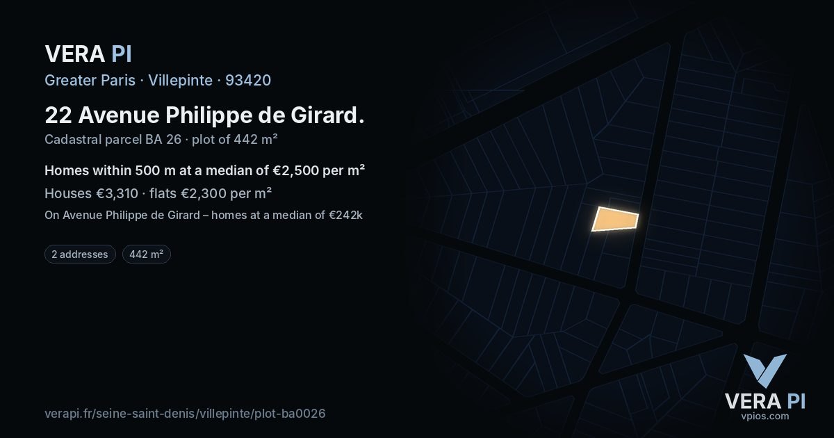 22 Avenue Philippe de Girard, Villepinte at night – the plot lit, the parcels around coloured by the prices near them