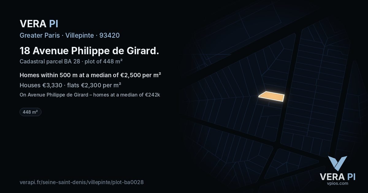 18 Avenue Philippe de Girard, Villepinte at night – the plot lit, the parcels around coloured by the prices near them
