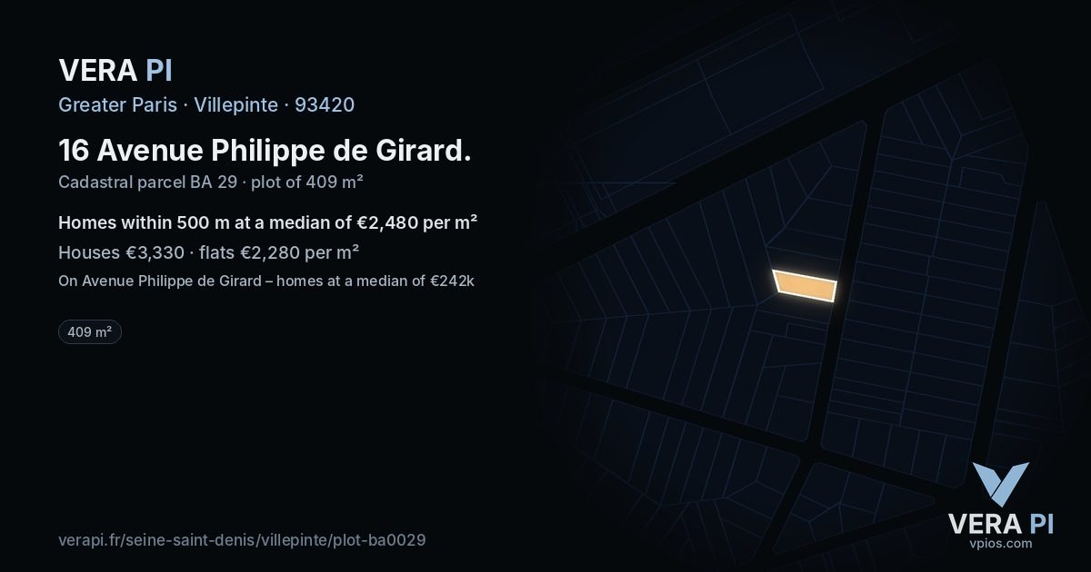 16 Avenue Philippe de Girard, Villepinte at night – the plot lit, the parcels around coloured by the prices near them