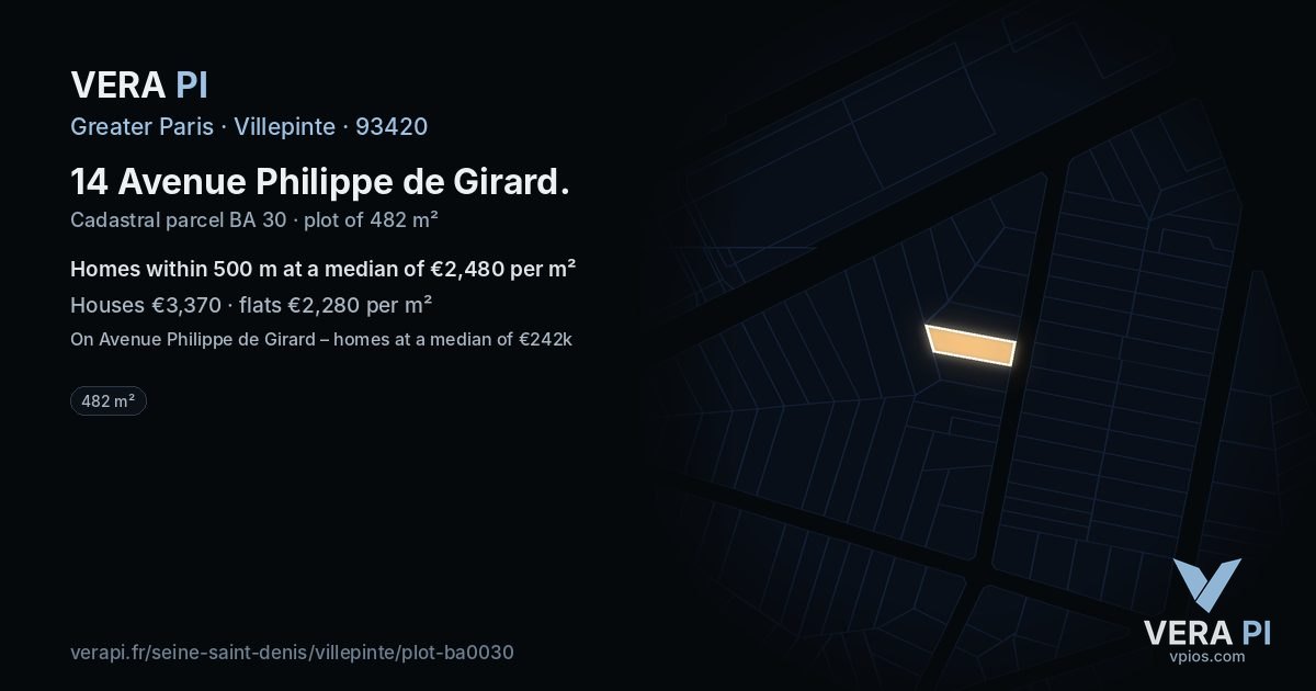 14 Avenue Philippe de Girard, Villepinte at night – the plot lit, the parcels around coloured by the prices near them