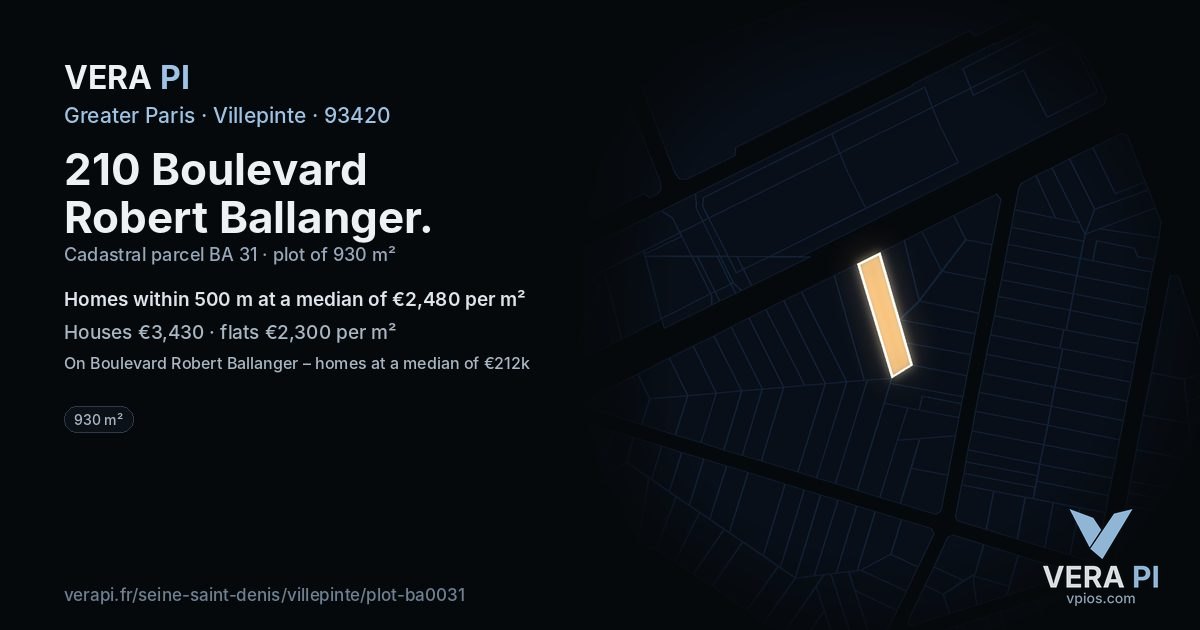 210 Boulevard Robert Ballanger, Villepinte at night – the plot lit, the parcels around coloured by the prices near them