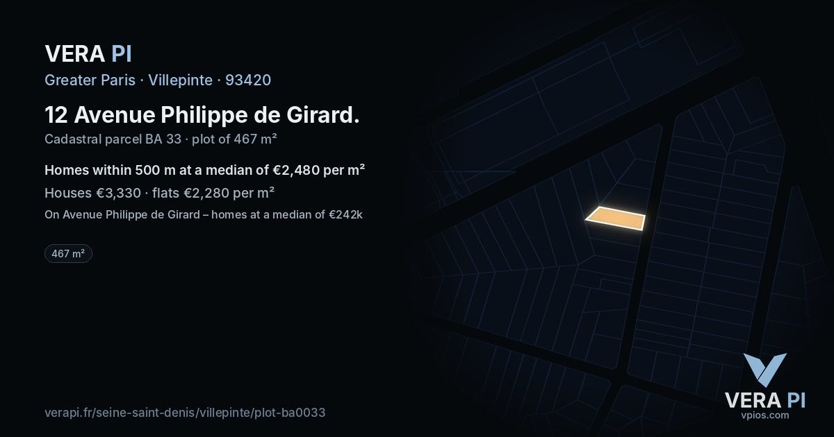12 Avenue Philippe de Girard, Villepinte at night – the plot lit, the parcels around coloured by the prices near them