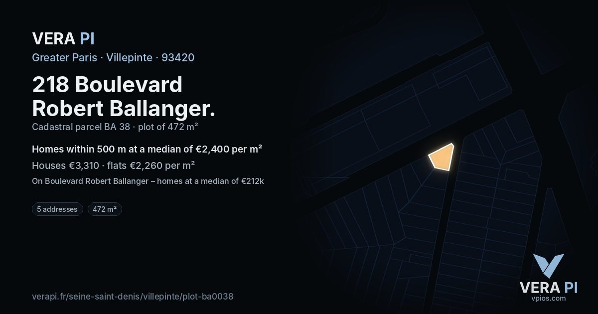 218 Boulevard Robert Ballanger, Villepinte at night – the plot lit, the parcels around coloured by the prices near them