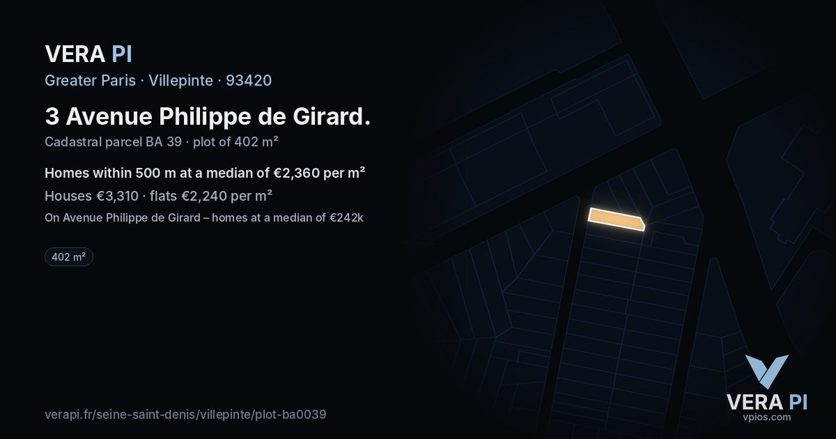 3 Avenue Philippe de Girard, Villepinte at night – the plot lit, the parcels around coloured by the prices near them