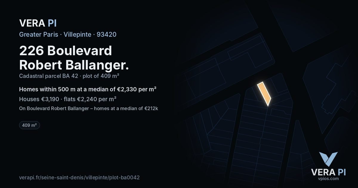 226 Boulevard Robert Ballanger, Villepinte at night – the plot lit, the parcels around coloured by the prices near them