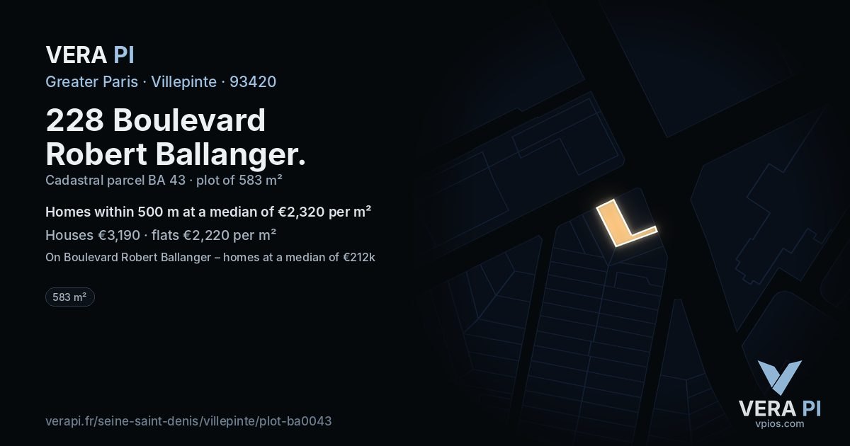 228 Boulevard Robert Ballanger, Villepinte at night – the plot lit, the parcels around coloured by the prices near them