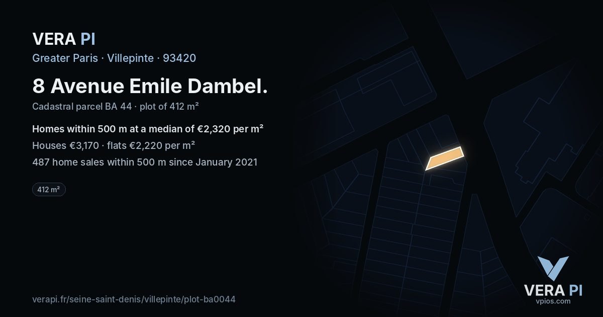 8 Avenue Emile Dambel, Villepinte at night – the plot lit, the parcels around coloured by the prices near them