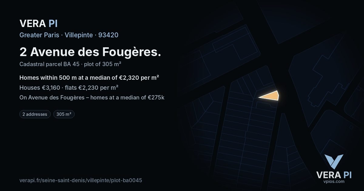 2 Avenue des Fougères, Villepinte at night – the plot lit, the parcels around coloured by the prices near them